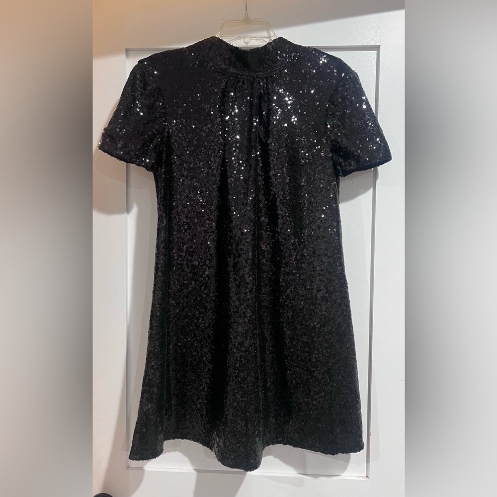 STAUD Black Sequined Mini Dress with Mock Neck Tie Detailing. Size Medium.